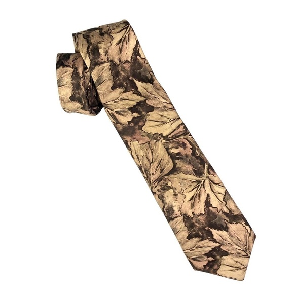 VINTAGE Balmain silk tie necktie leaves tan grey brown - Picture 1 of 3